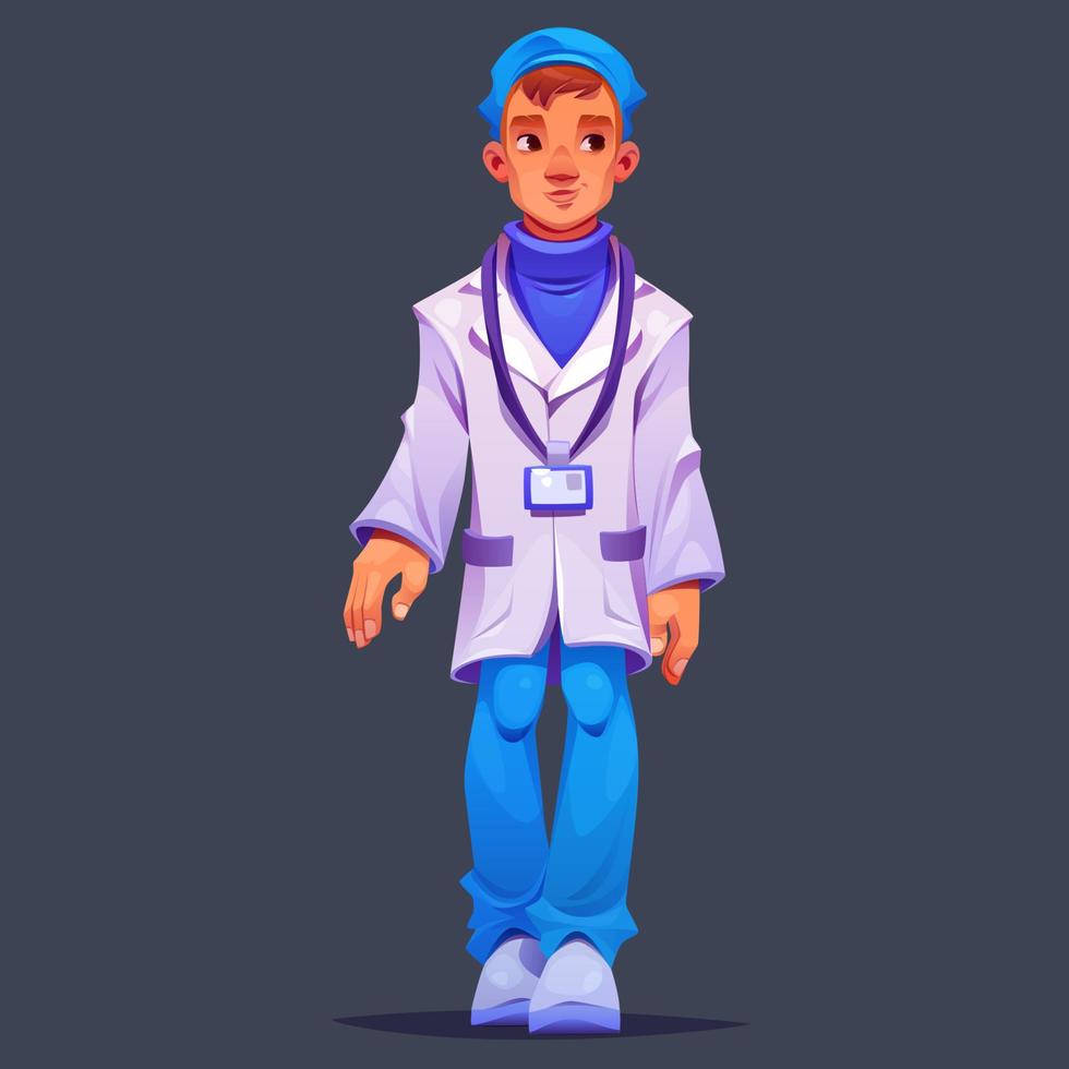 dibujos animados masculino médico personaje en gris antecedentes vector