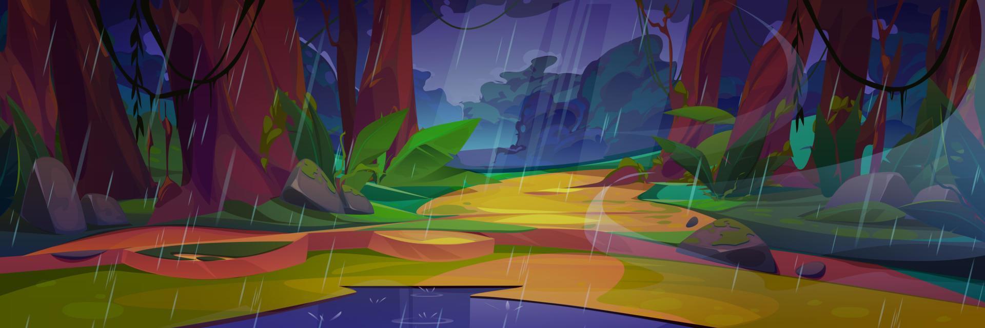 Summer jungle rainy forest landscape with puddle vector