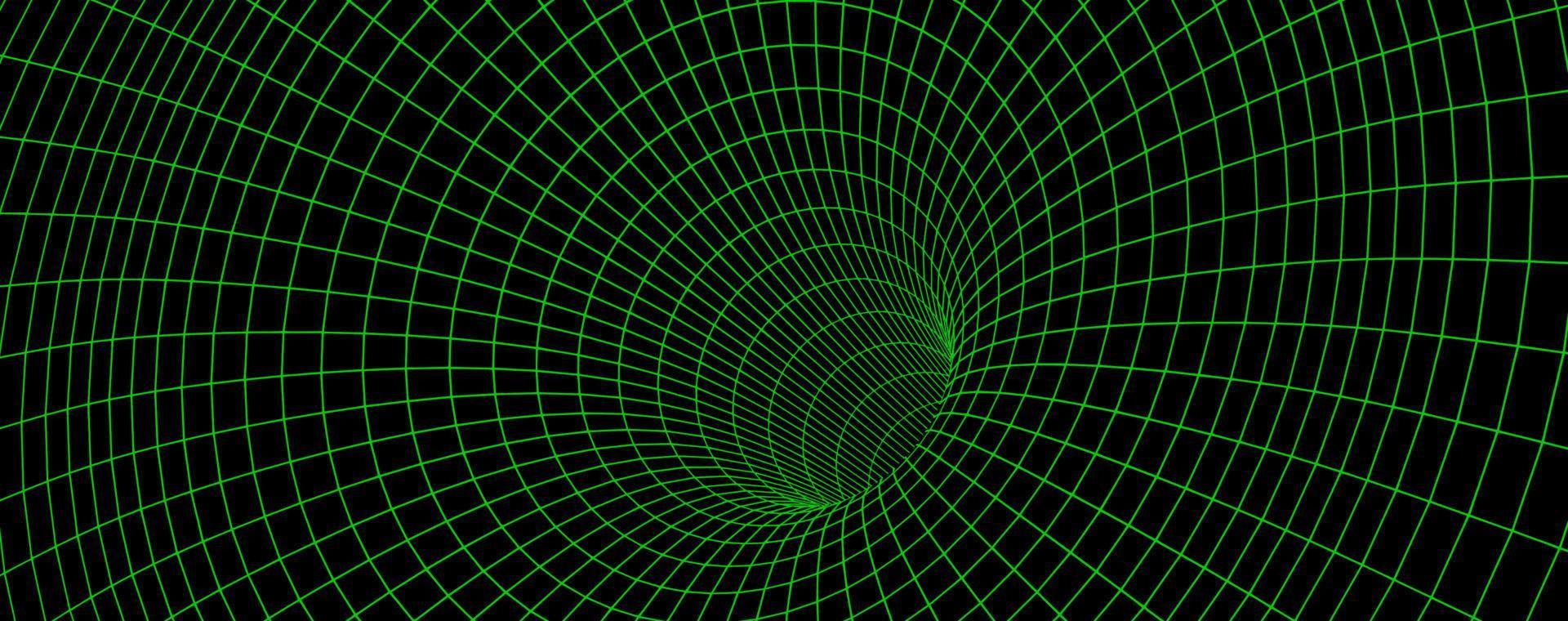 Green wireframe wormhole on black, 3d funnel vector