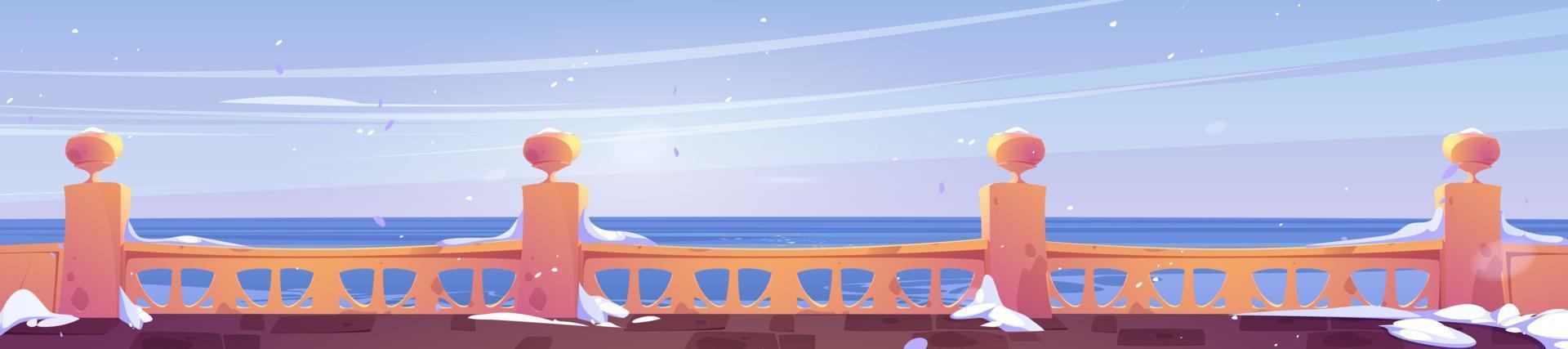 Hotel terrace empty view with sea and falling snow vector