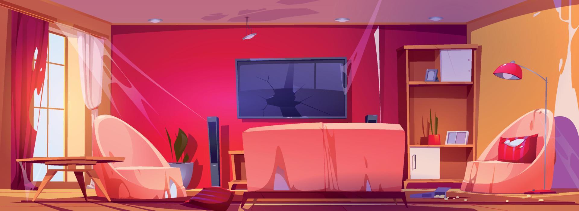 Dirty home, old living room interior vector