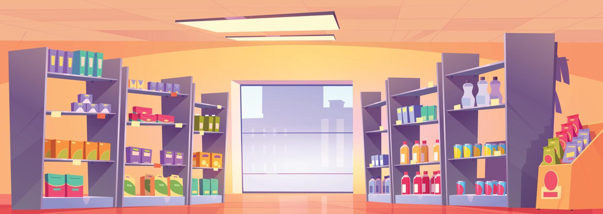 Cartoon supermarket aisle with large window vector