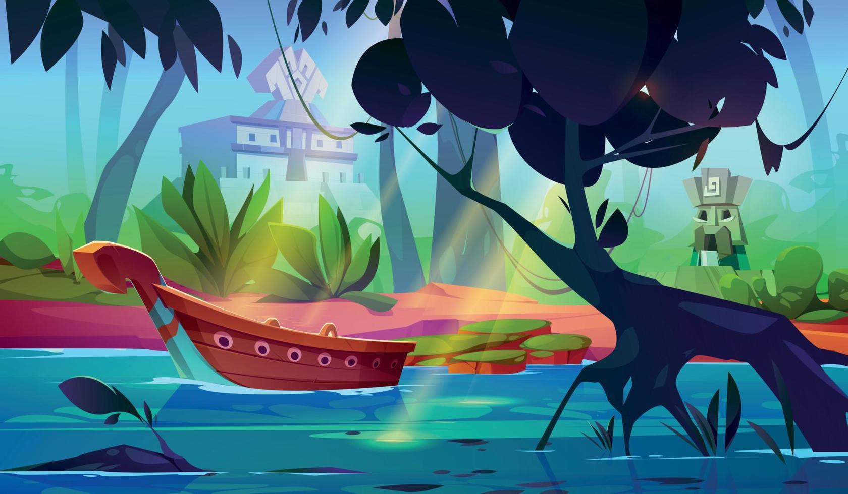 Boat in water, river in tropical jungle forest. vector