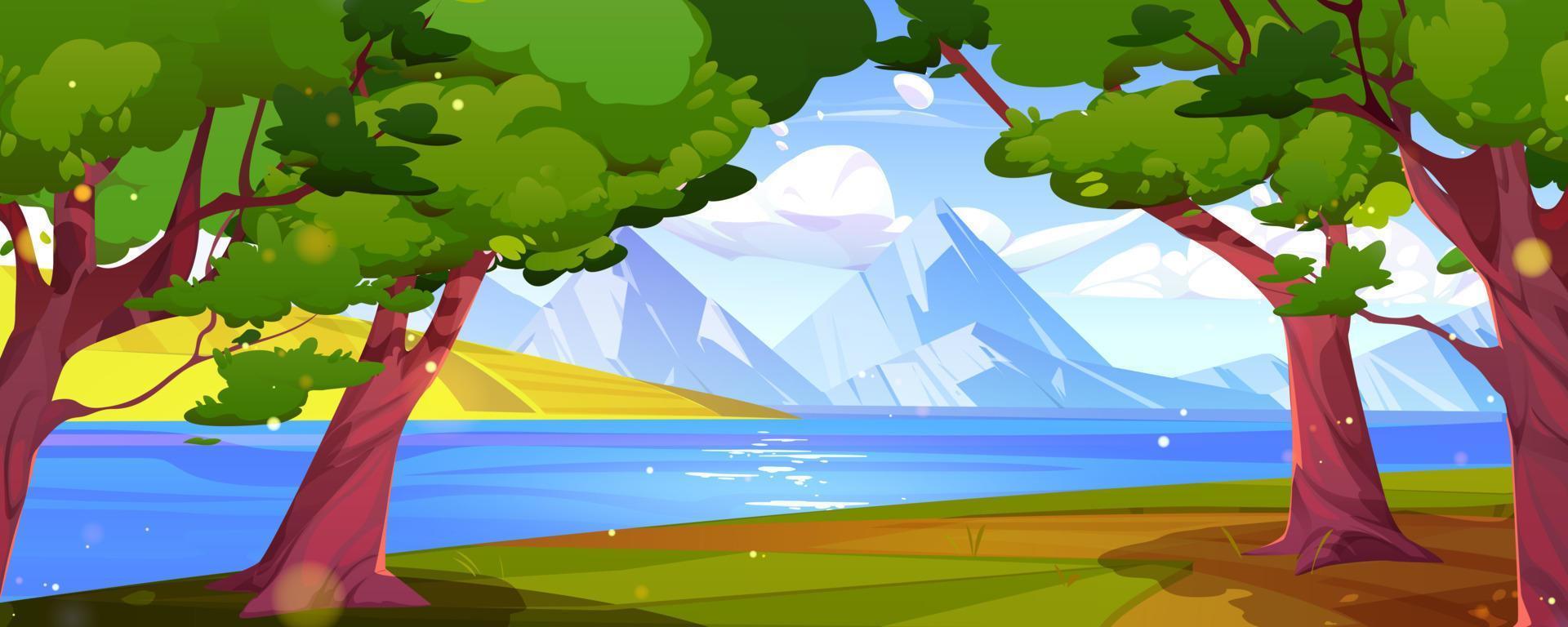 Mountain valley landscape with lake and fields vector