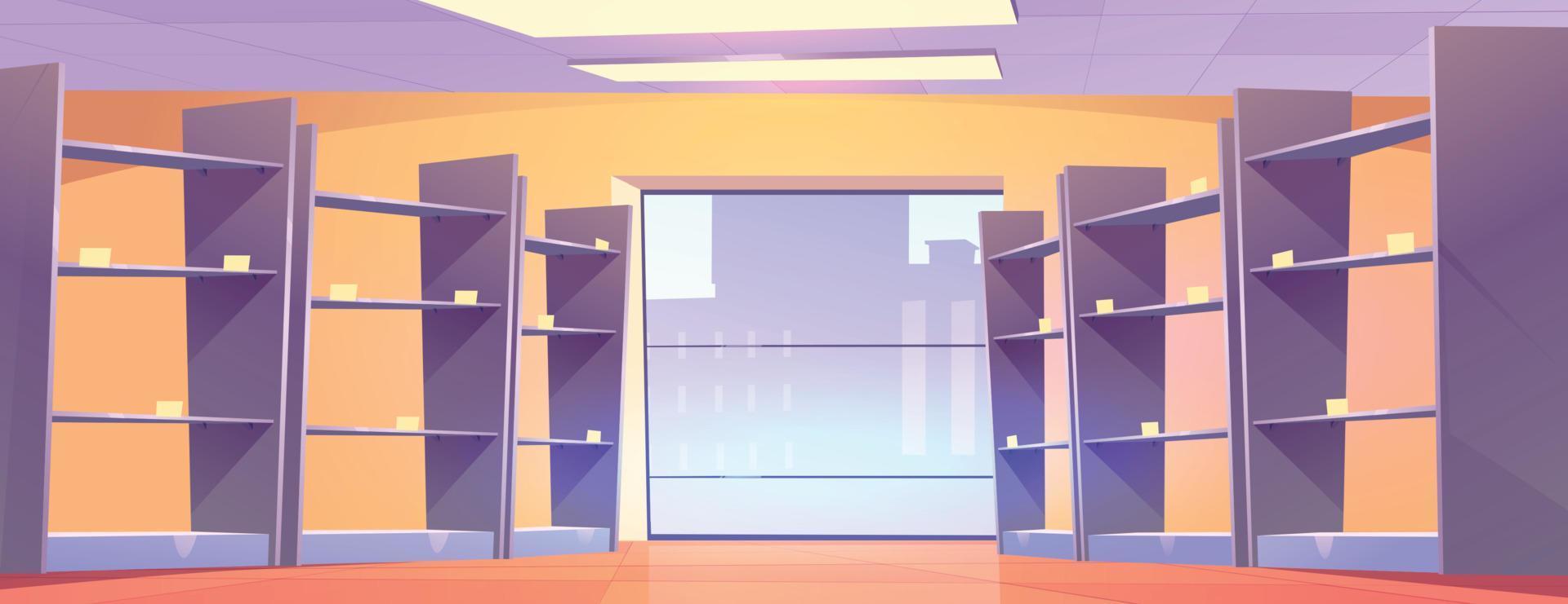 Empty supermarket aisle shelf cartoon background vector