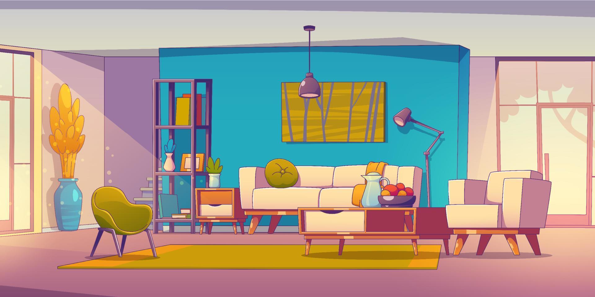 Home interior with living room furniture, door vector