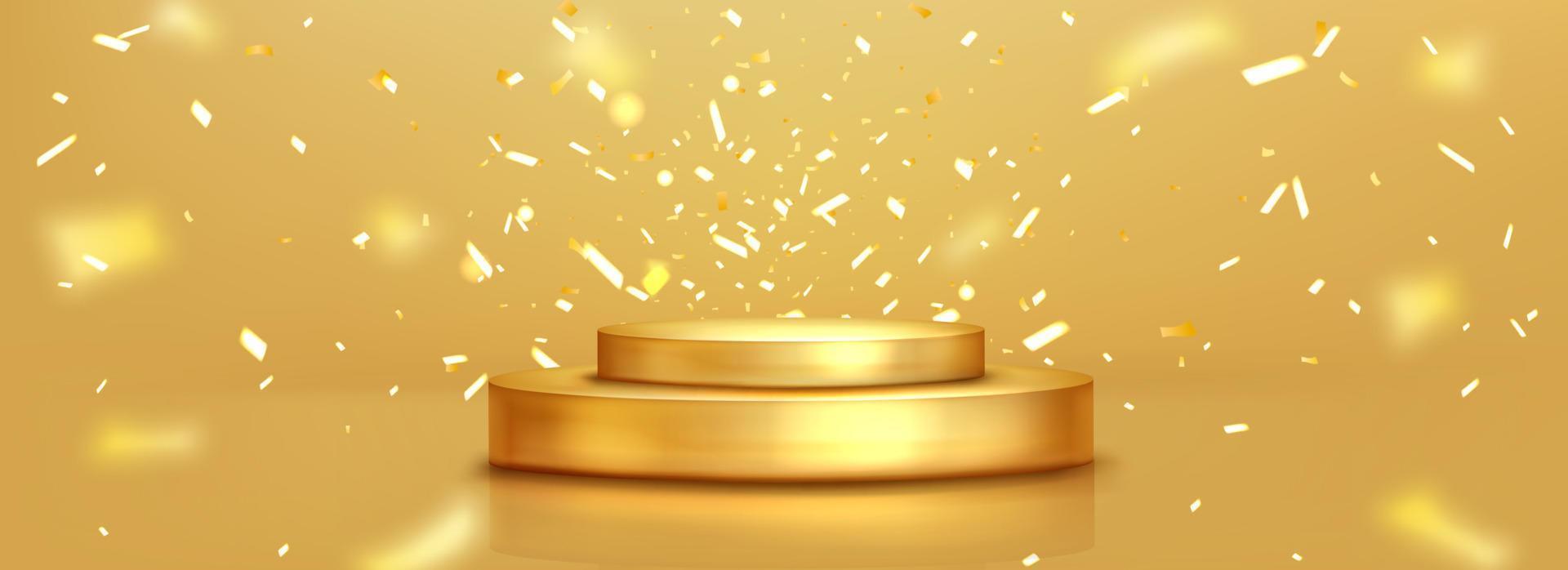 Realistic golden podium and sparkling confetti vector