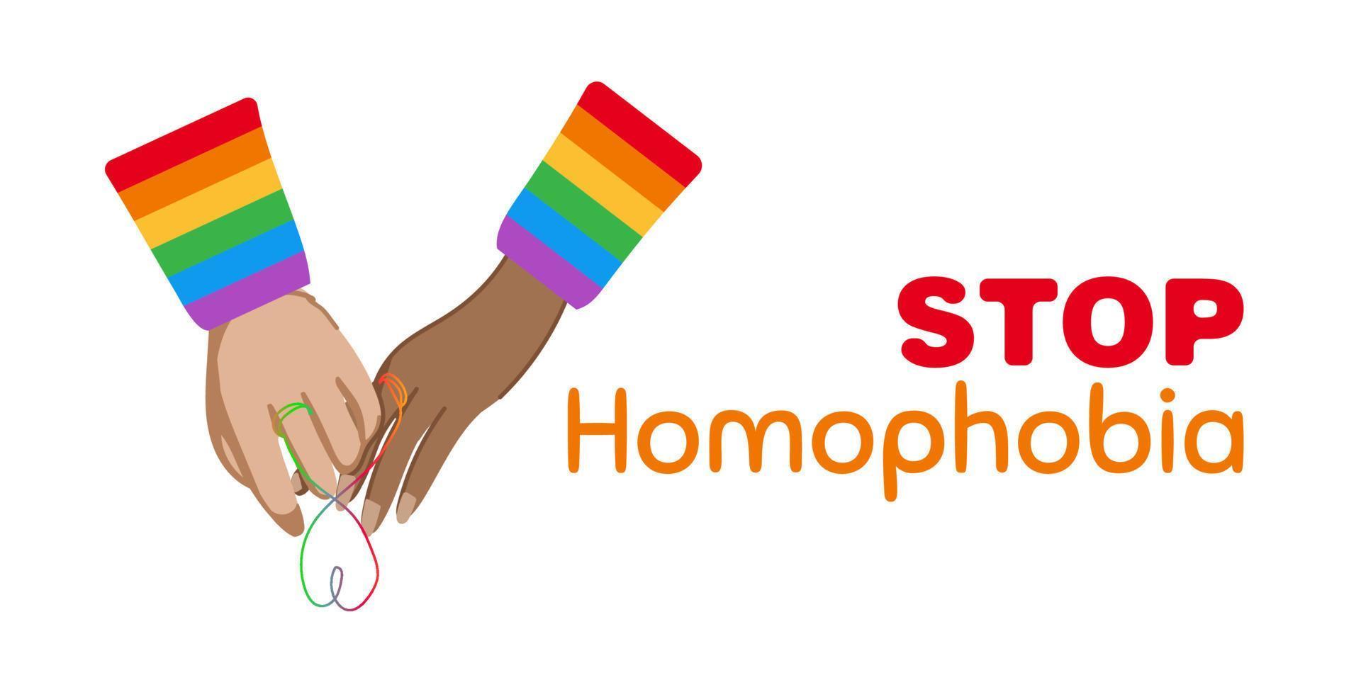Rainbow stop sign with a hands and text Stop Homophobia for the International Day Against Homophobia. Without background, isolated, clip art. vector