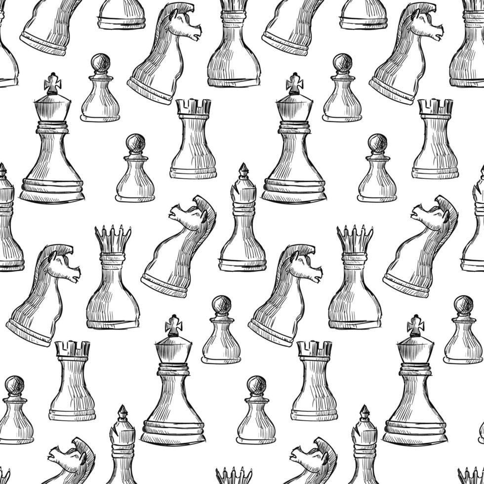 siluetas de ajedrez piezas. tablero de ajedrez. negro y blanco. vector ajedrez aislado en blanco antecedentes. rey, reina, torre, caballero, obispo, empeñar. sin costura ajedrez antecedentes