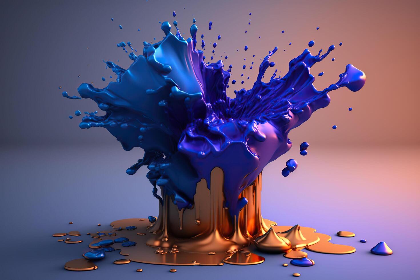 3d fluid brush strokes. Explosion of blue and golden paint drips. . photo