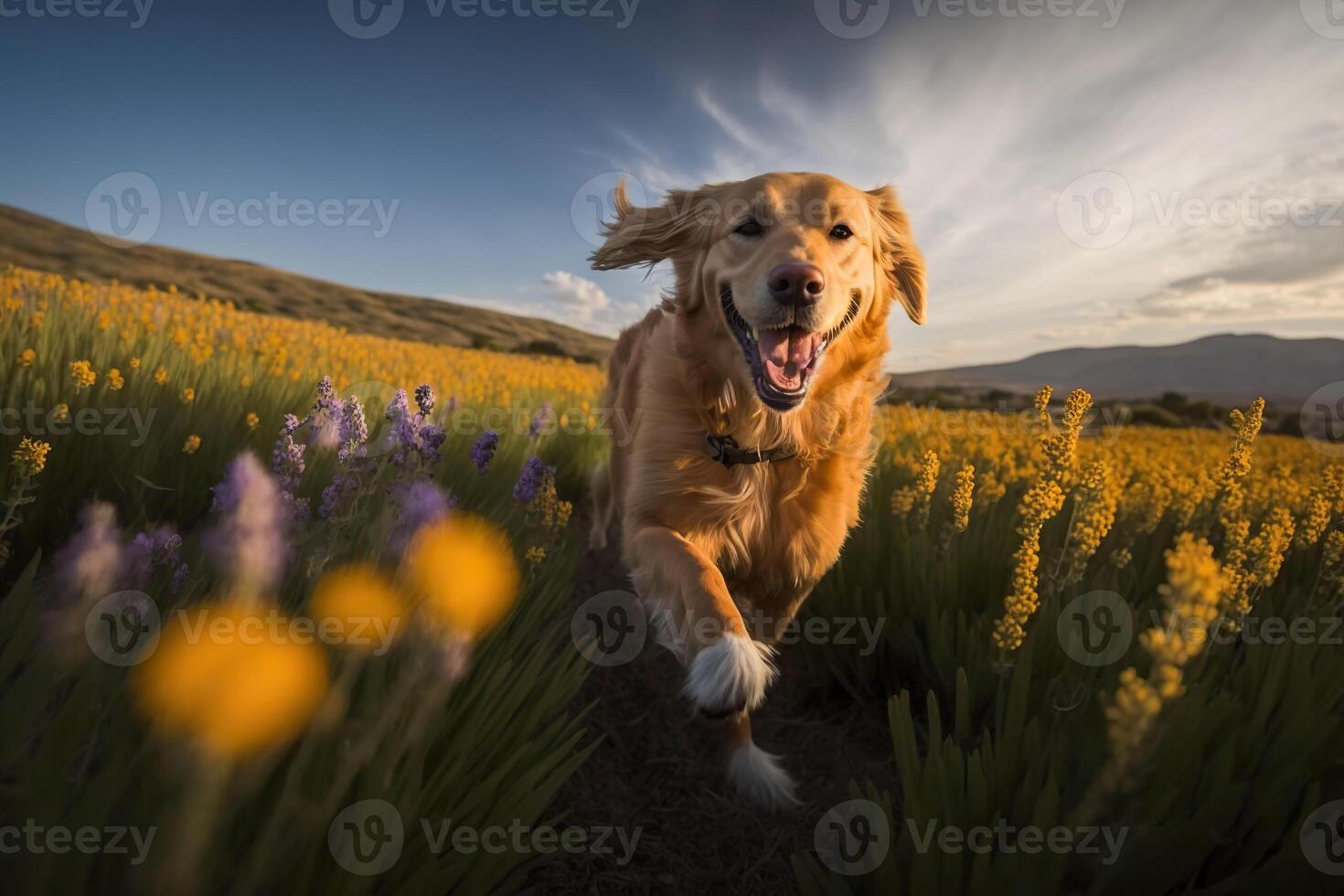 A golden retriever running through a field. . photo