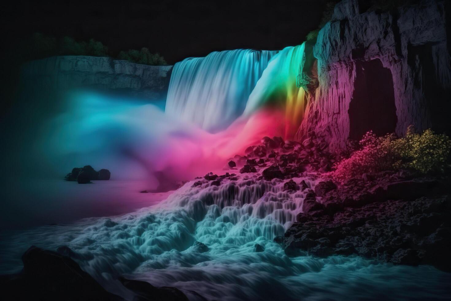 Neon waterfall. Water illuminated by multicolored light. . photo