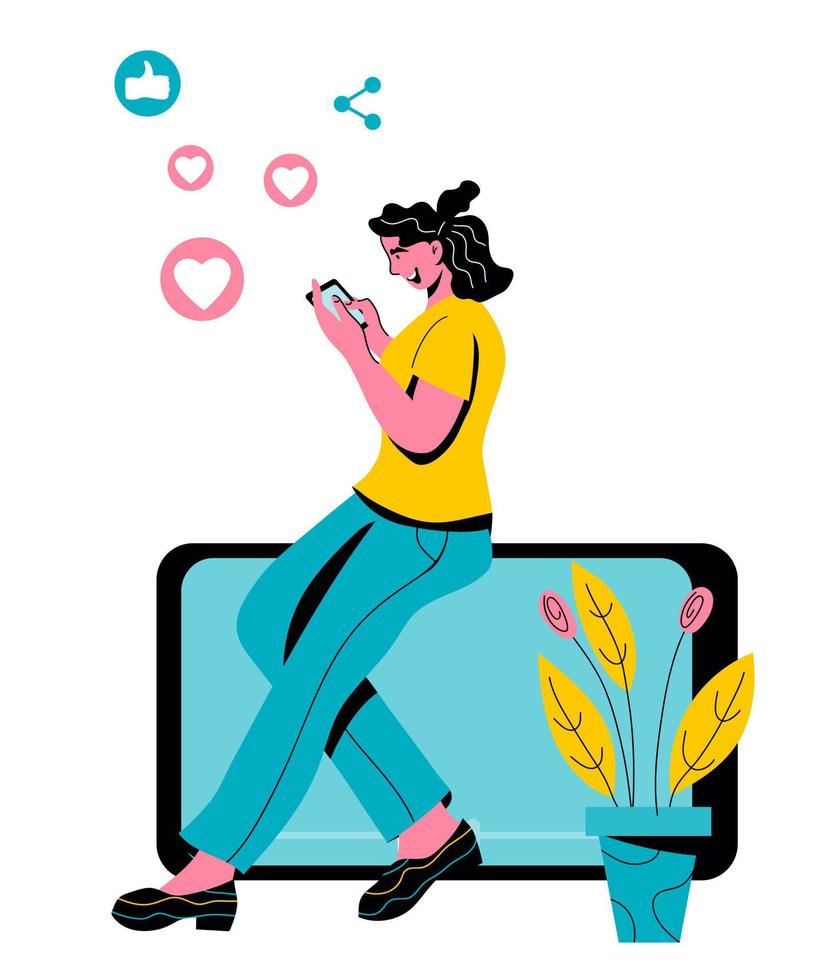 Virtual youth communication concept with young woman using mobile phone for connection with friends and social contacts. Connectivity and communication technology cartoon vector illustration isolated.