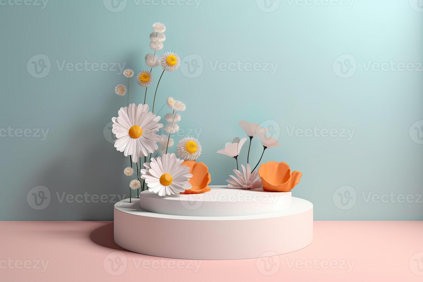 3d background with podium and daisies . Minimal scene. . photo