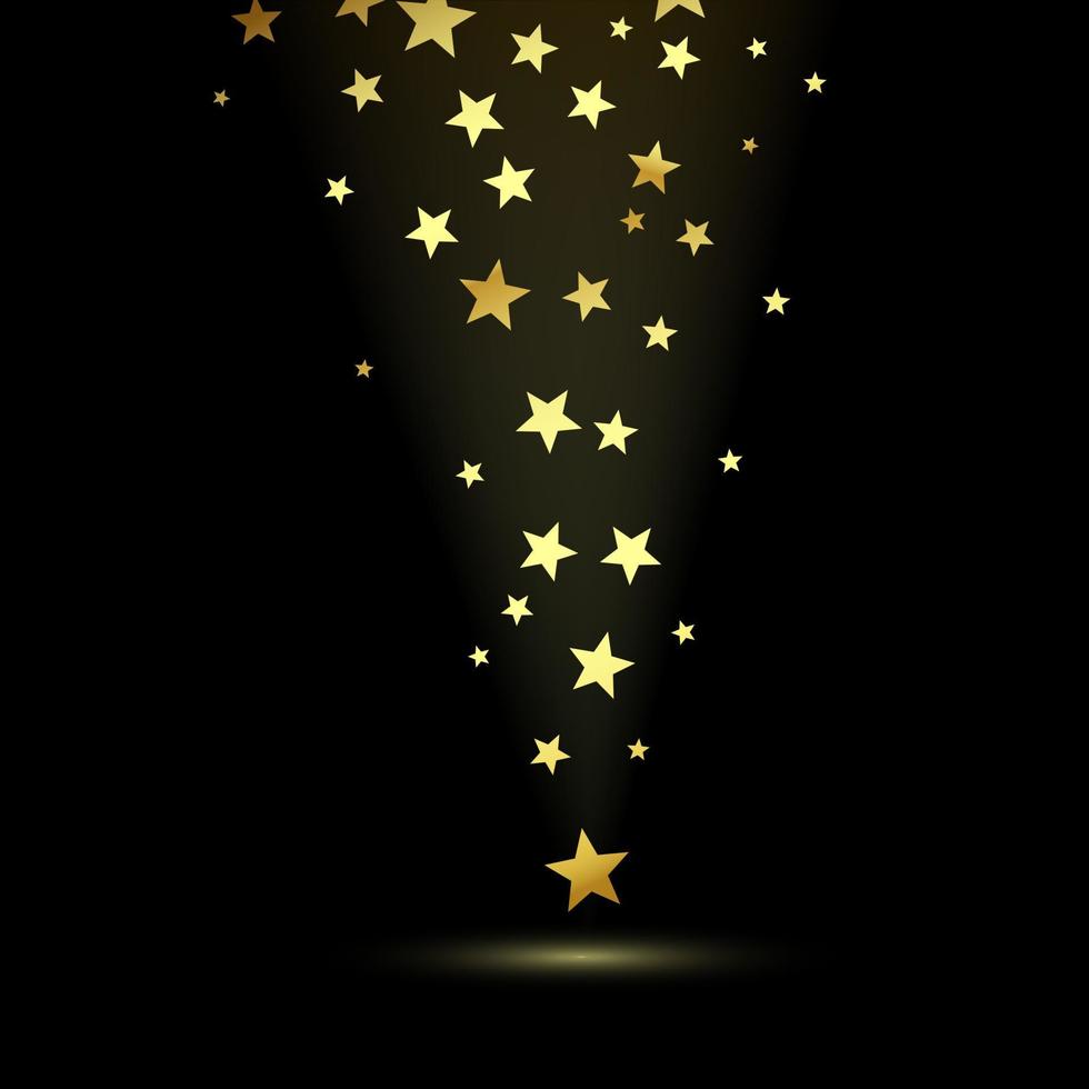 Gold Star Background. Falling Golden Stars. Holiday Decoration Element for Design Greeting Card or Invitation. Vector illustration isolated on dark background