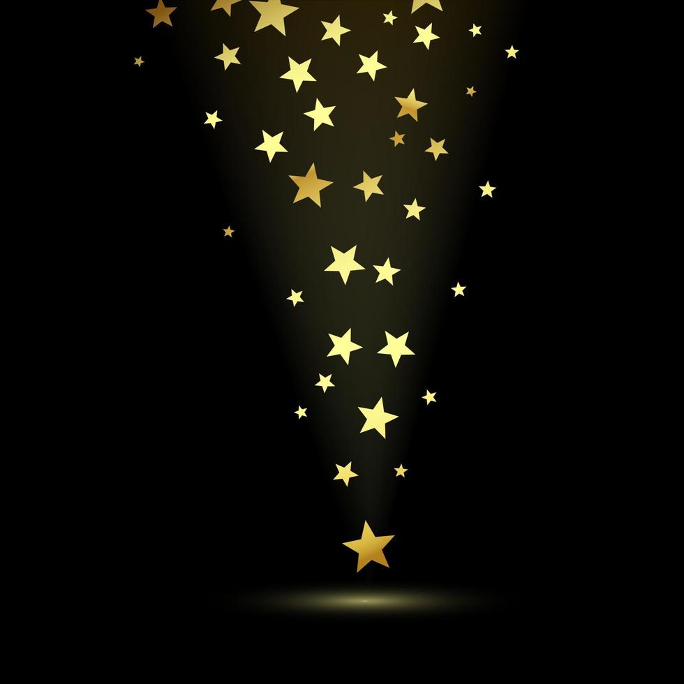 oro estrella antecedentes. que cae dorado estrellas. fiesta decoración elemento para diseño saludo tarjeta o invitación. vector ilustración aislado en oscuro antecedentes