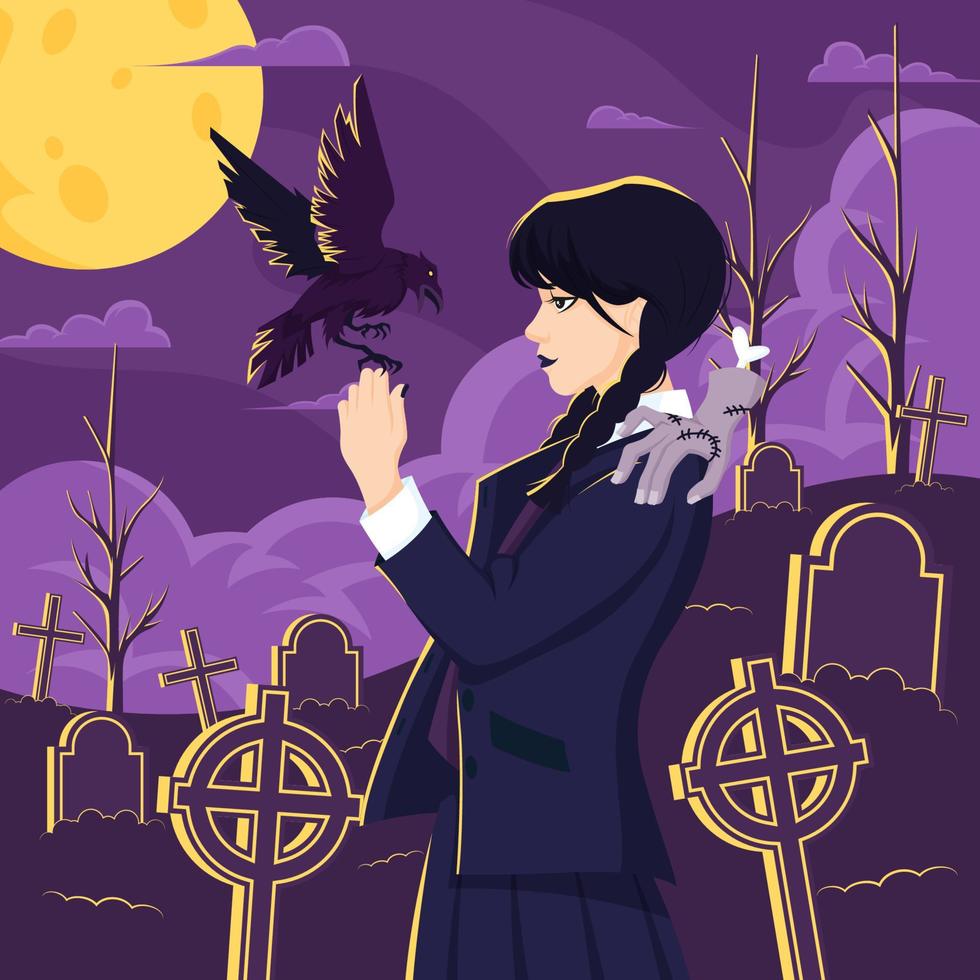 Gothic Girl at the Cemetery With Crow vector