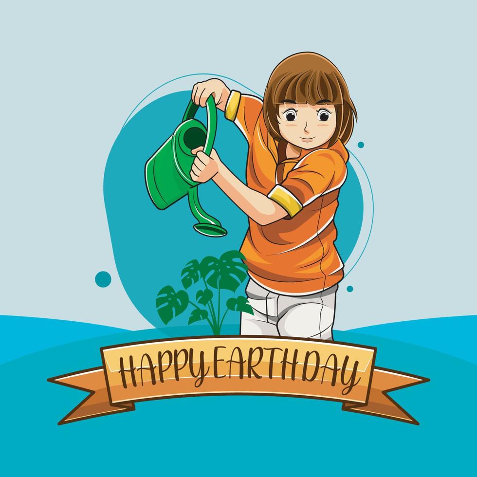 Happy earth day with a girl watering a sunflower vector illustration pro download