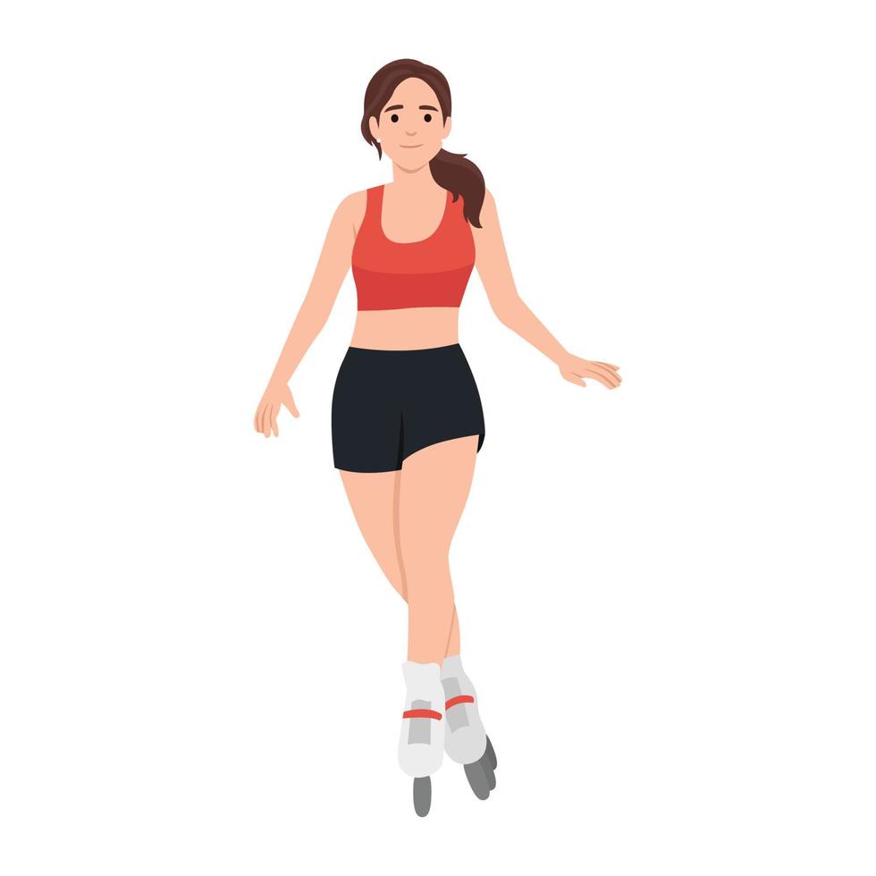 Beautiful woman riding on roller skates. Vector illustration on white background