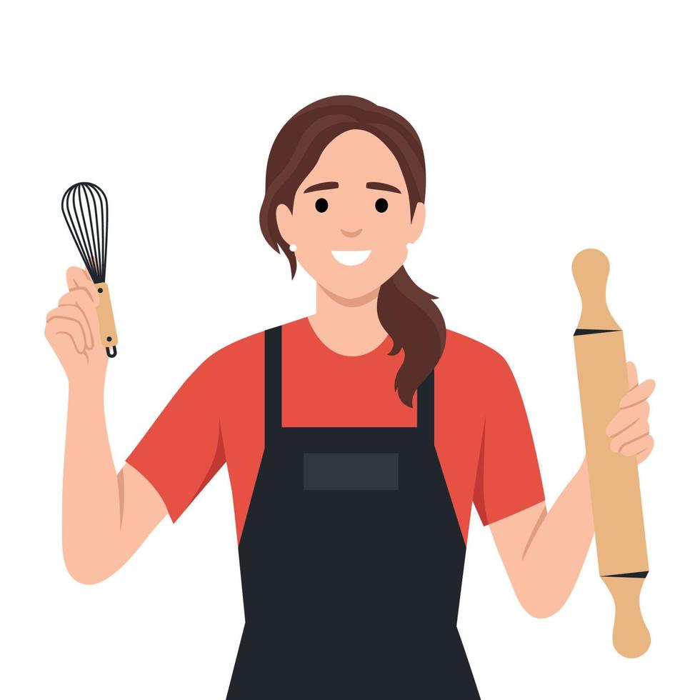 An attractive young woman is making cake in a cozy kitchen vector