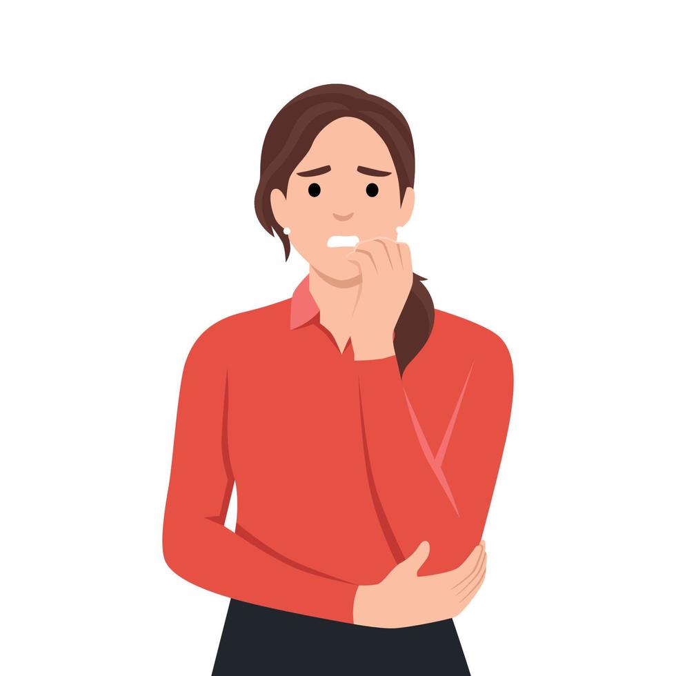 Emotion, face, expression, problem, mental stress, worry, depression, anxiety concept. Young anxious worried woman girl teenager character looking stressed and nervous with hands on mouth vector