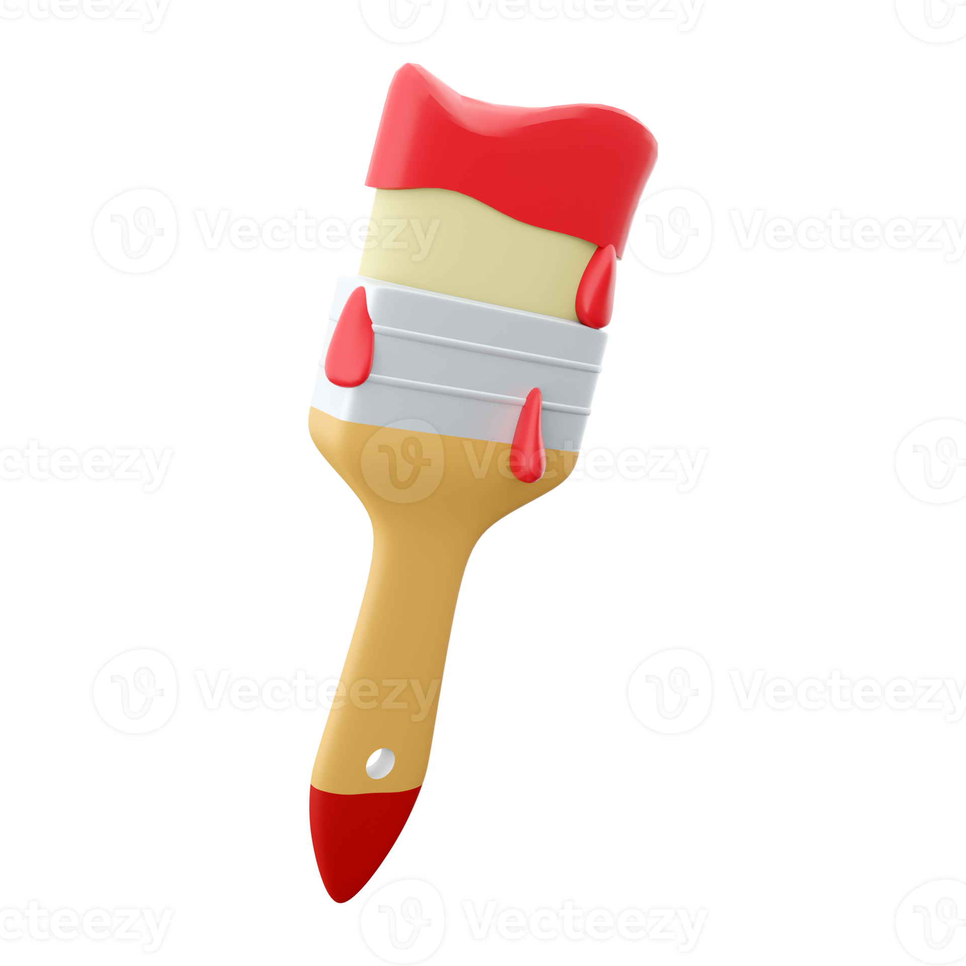 3d wall paint brush with red paint isolated on white. Wall paint brush