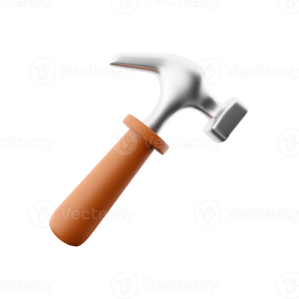 3D rendering of hammer hand tool on white background. 3D rendering and illustration of repair and installation tool. 3d rendering, icon. png