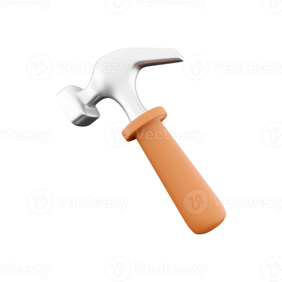 3D rendering of hammer hand tool on white background. 3D rendering and illustration of repair and installation tool. 3d rendering, icon. png