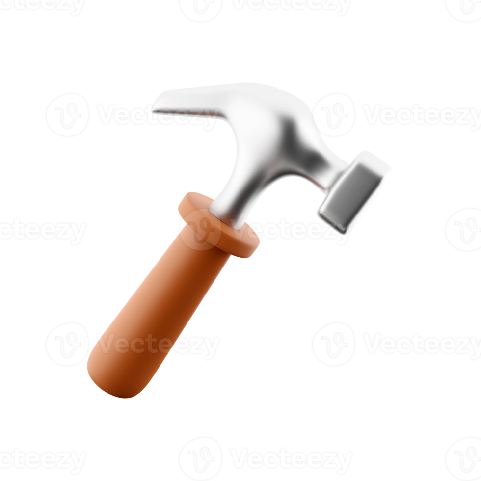 3D rendering of hammer hand tool on white background. 3D rendering and illustration of repair and installation tool. 3d rendering, icon. png