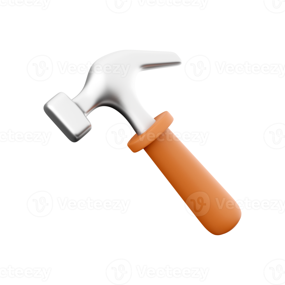 3D rendering of hammer hand tool on white background. 3D rendering and illustration of repair and installation tool. 3d rendering, icon. png
