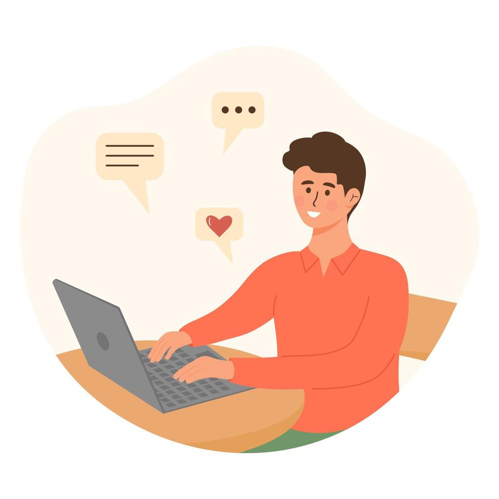 Yong man sitting at the table and using laptop. Boyl browsing Internet, chatting, blogging, working. Student, freelancer, employee character. vector
