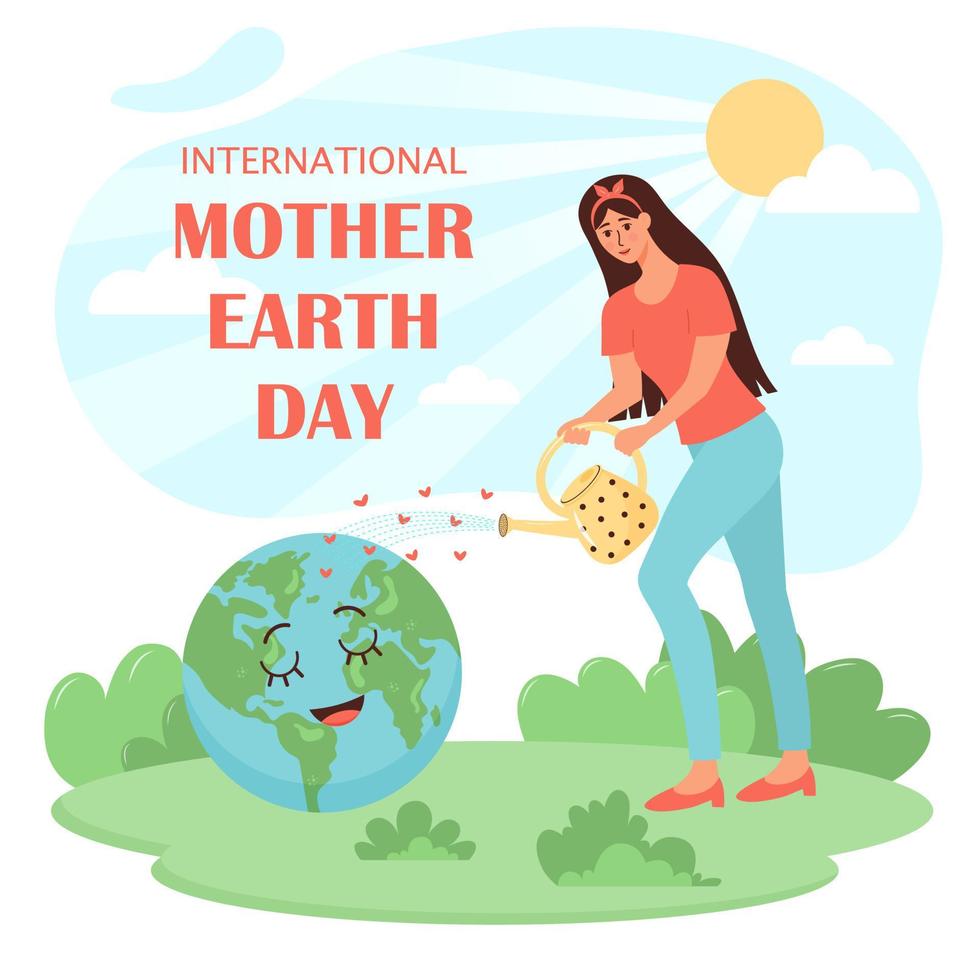 Woman watering little character planet Earth from a watering can. International mother Earth day text. The problem of fresh water, environmental protection, climate change, ecology support vector