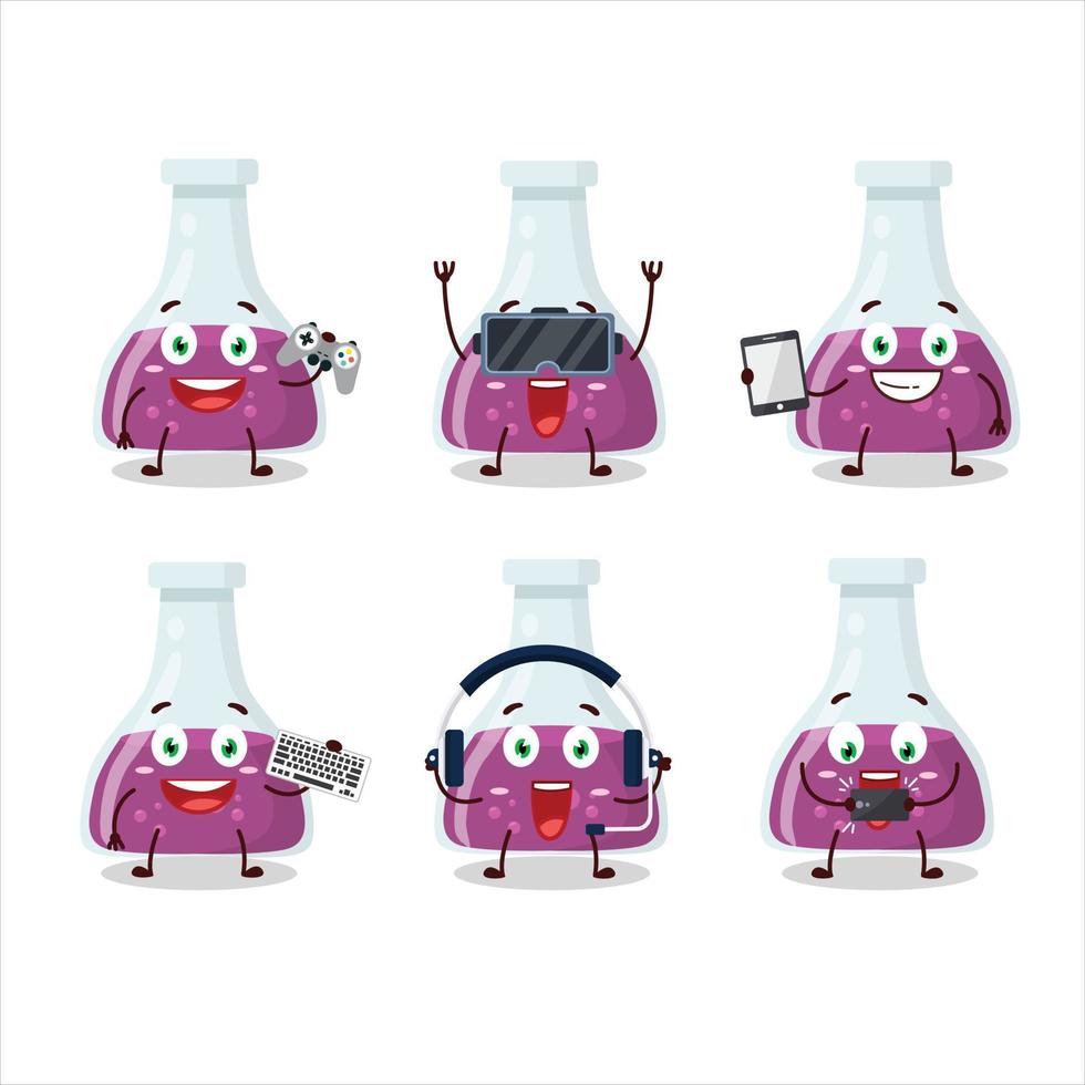 Purple potion cartoon character are playing games with various cute emoticons vector