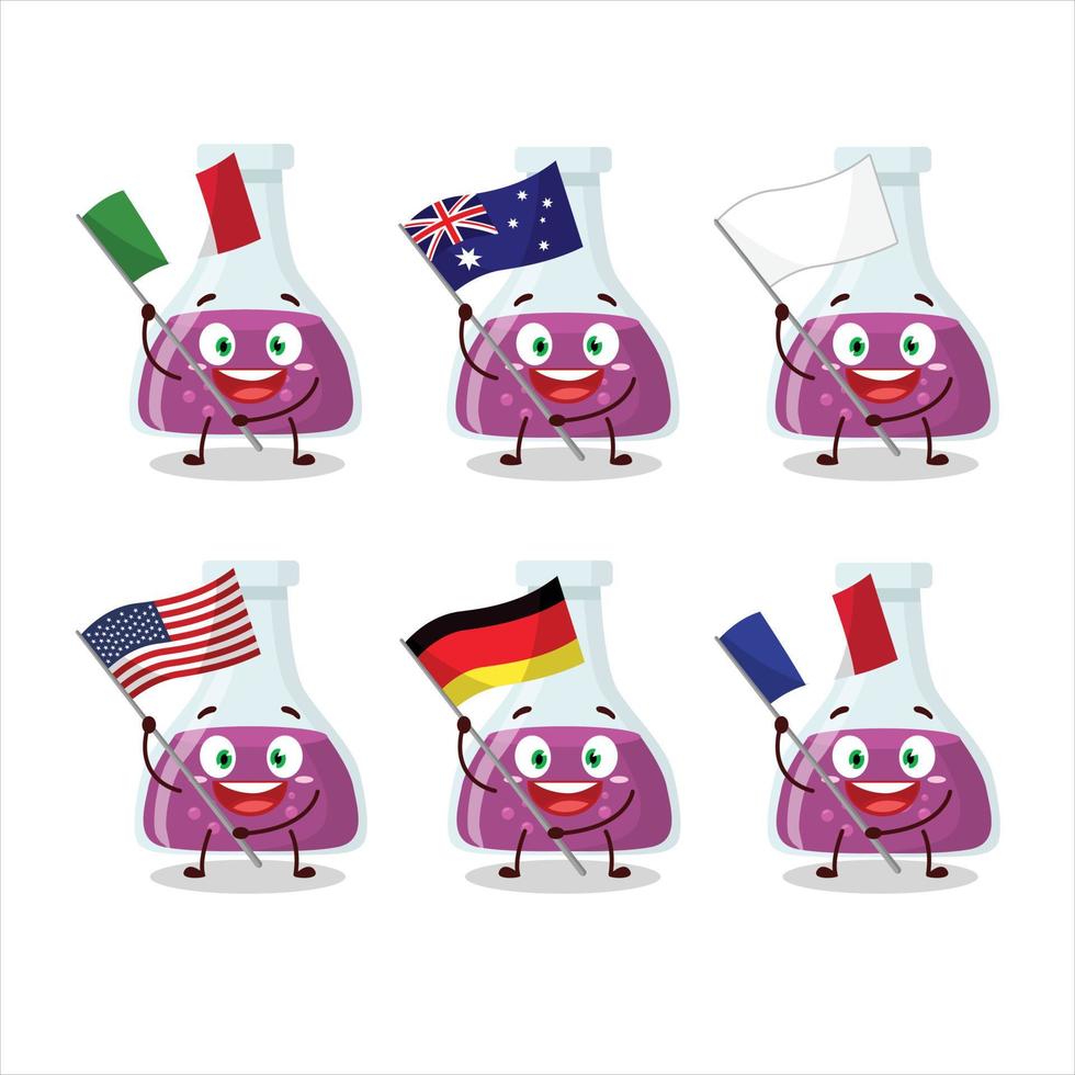 Purple potion cartoon character bring the flags of various countries vector