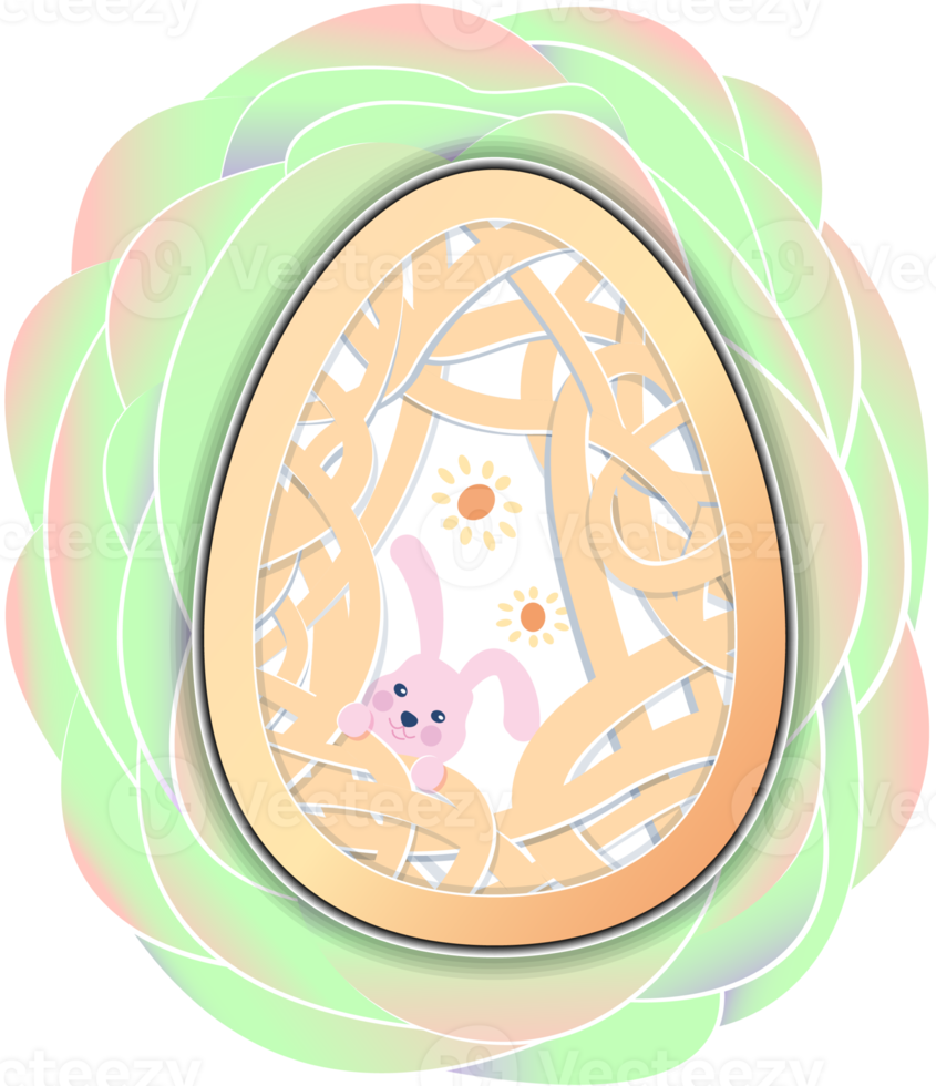 Easter egg with cute rabbit and pattern inside on overlap green paper petal. png