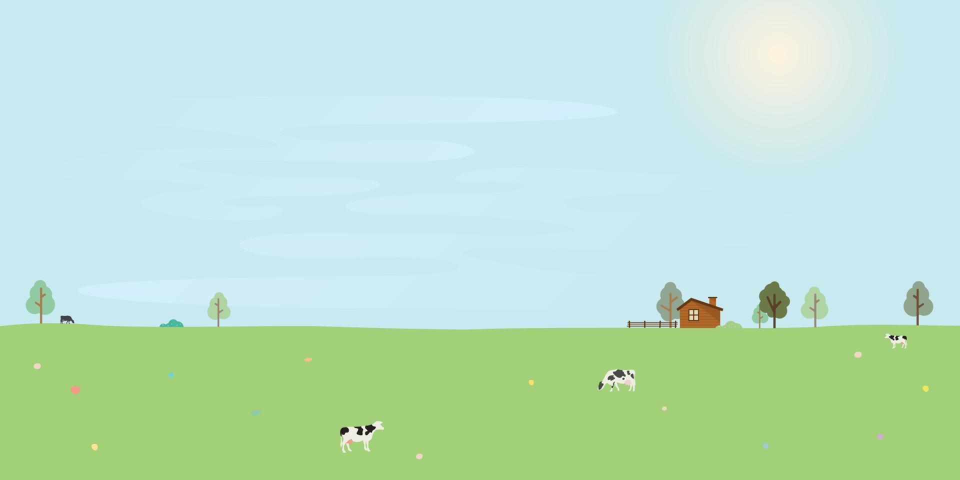 campo paisaje en verano vector ilustración. ganado granja y casa en colina en soleado día.