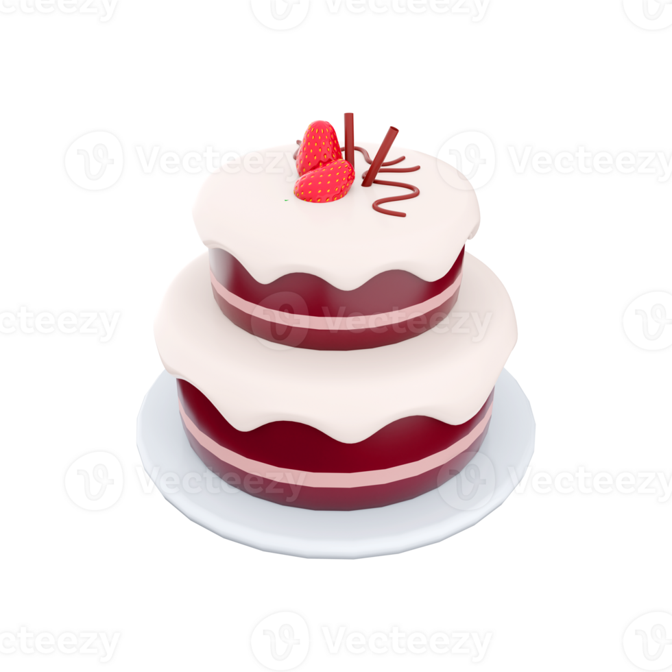 3d rendering cake chocolate with red strawberries toppings icon. 3d render two tiered sweet cake icon. Cake chocolate with red strawberries toppings. png
