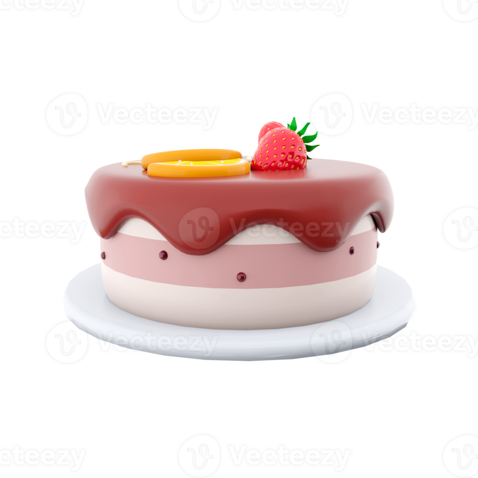 3d rendering cake with peace of lemon and strawberry on top icon.3d render cake with chocolate icing with lemon and strawberries on top icon. Cake with peace of lemon and strawberry on top. png