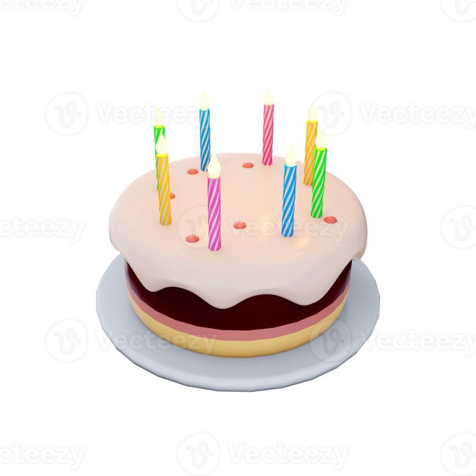 3d rendering birthday cake with candles. 3d render three-layer dessert with colorful candles. Birthday cake. png