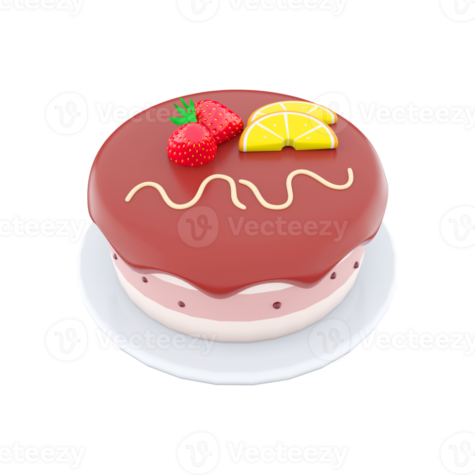 3d rendering cake with peace of lemon and strawberry on top icon.3d render cake with chocolate icing with lemon and strawberries on top icon. Cake with peace of lemon and strawberry on top. png