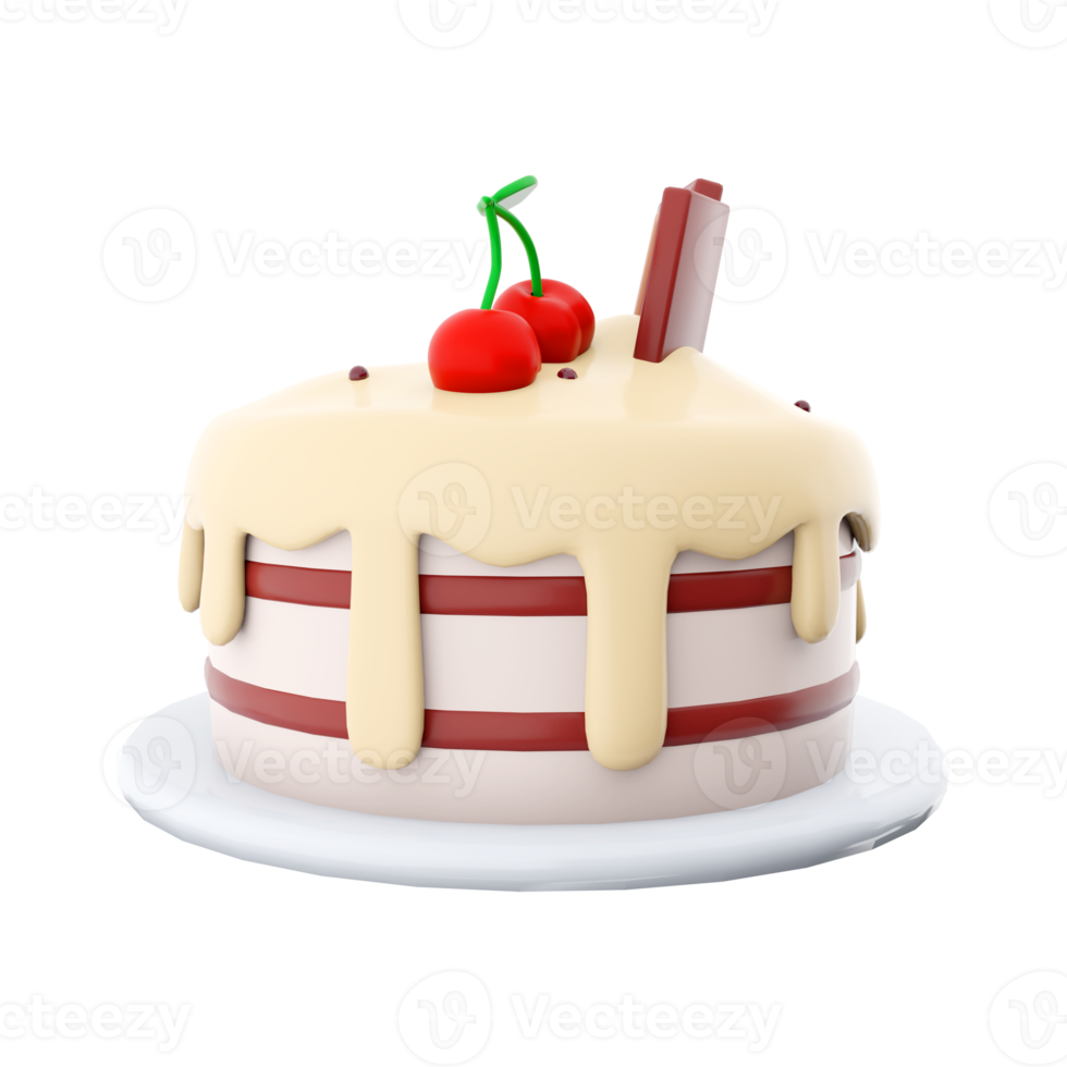 3d rendering cake with chocolate bar and cherries on top icon. 3d render sweet dessert with ripe cherries and sweet chocolate and cream icing. Cake with chocolate bar and cherries on top. png