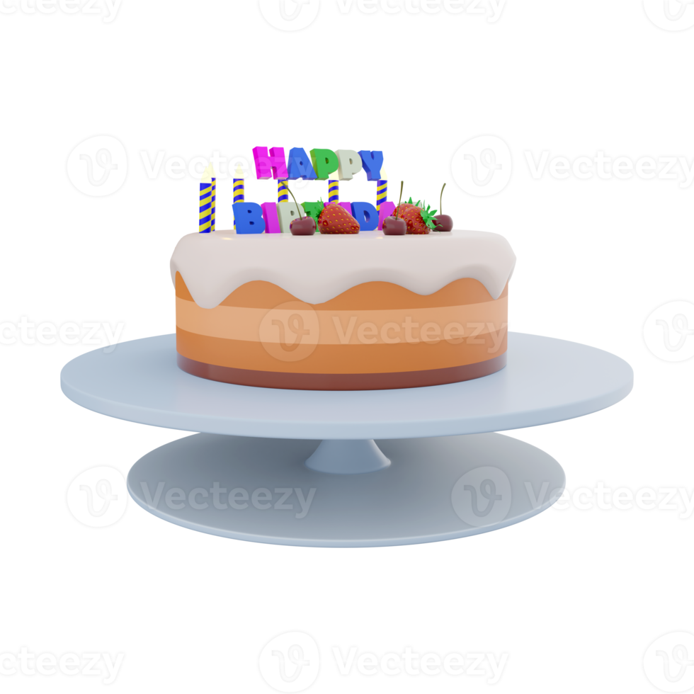 3d representación cumpleaños pastel con vistoso bandera y velas con bayas en parte superior icono . 3d hacer cumpleaños saludo con Fruta pastel, maduro bayas y velas icono. cumpleaños pastel con vistoso bandera. png