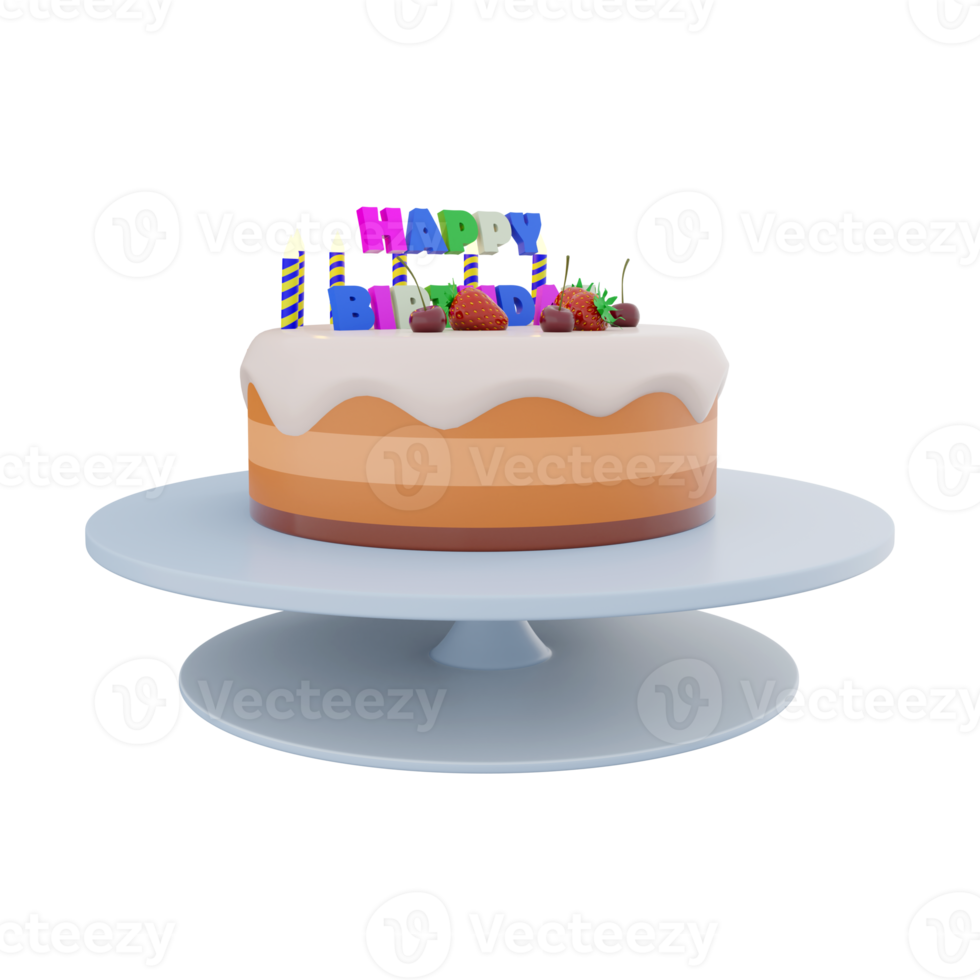 3d interpretazione compleanno torta con colorato bandiera e candele con frutti di bosco su superiore icona . 3d rendere compleanno saluto con frutta torta, maturo frutti di bosco e candele icona. compleanno torta con colorato striscione. png