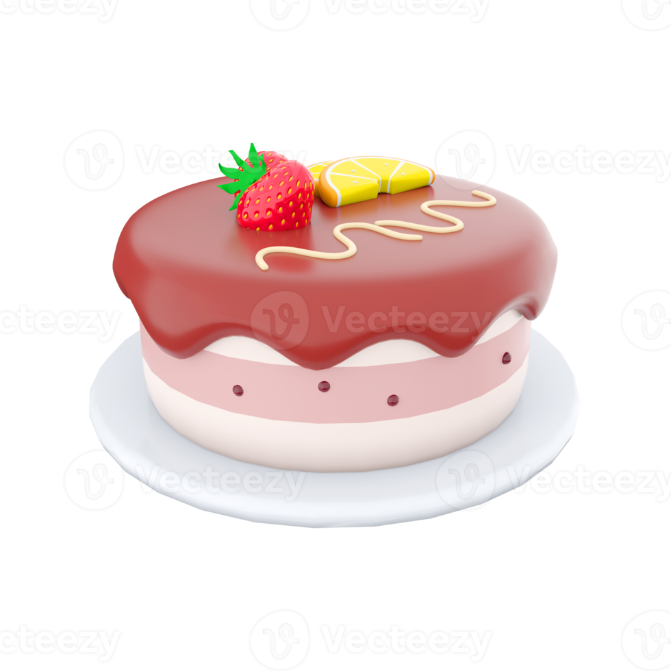 3d rendering cake with peace of lemon and strawberry on top icon.3d render cake with chocolate icing with lemon and strawberries on top icon. Cake with peace of lemon and strawberry on top. png