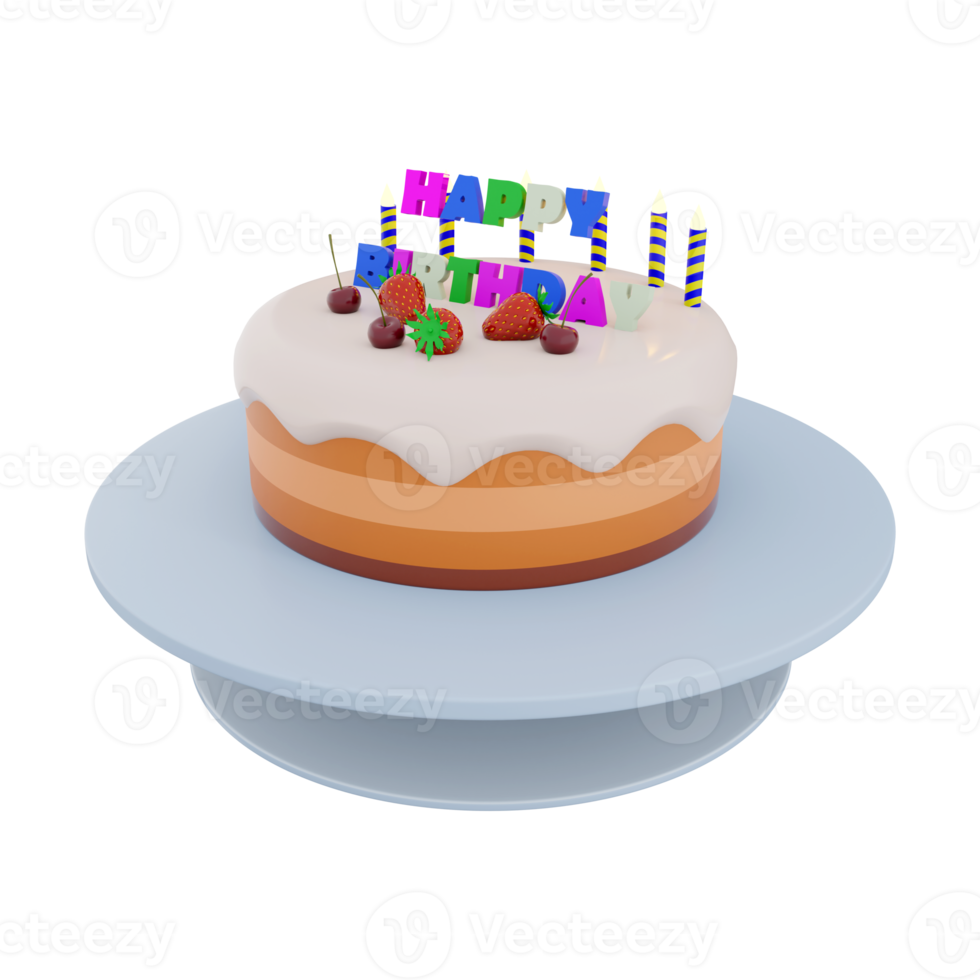 3d rendering birthday cake with colorful banner and candles with berries on top icon . 3d render birthday greeting with fruit cake, ripe berries and candles icon. Birthday cake with colorful banner. png