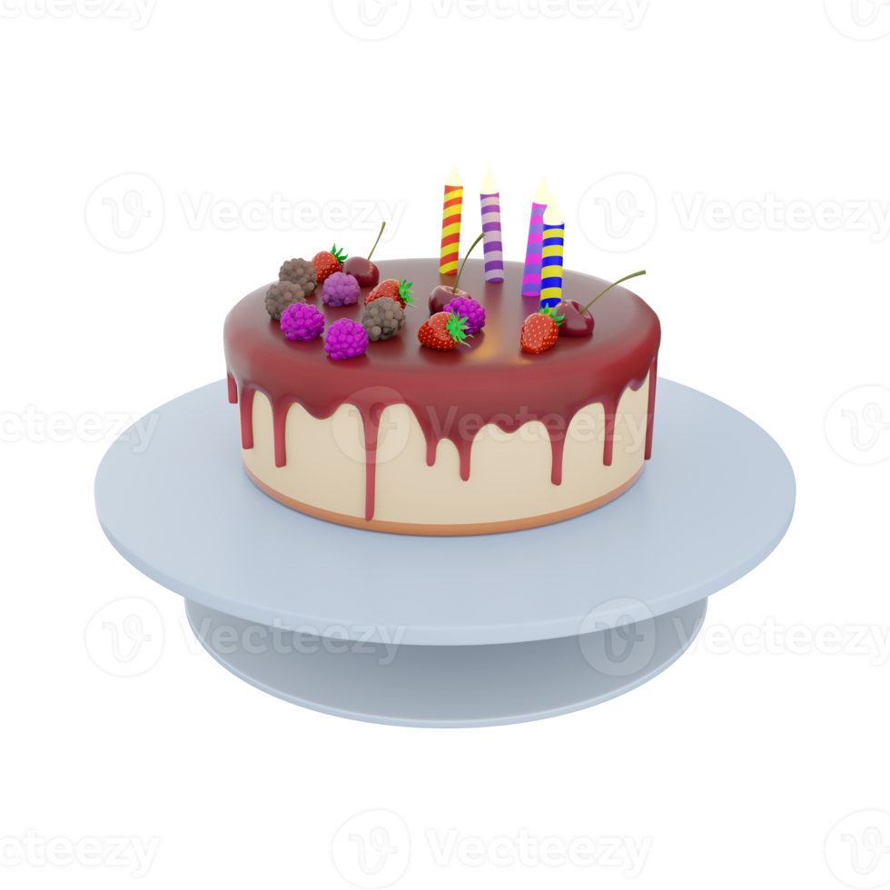 3d rendering cake with fruit glaze and berries with candles icon. 3d render appetizing cooked birthday cake with sweet taste icon. Cake with fruit glaze and berries with candles. png