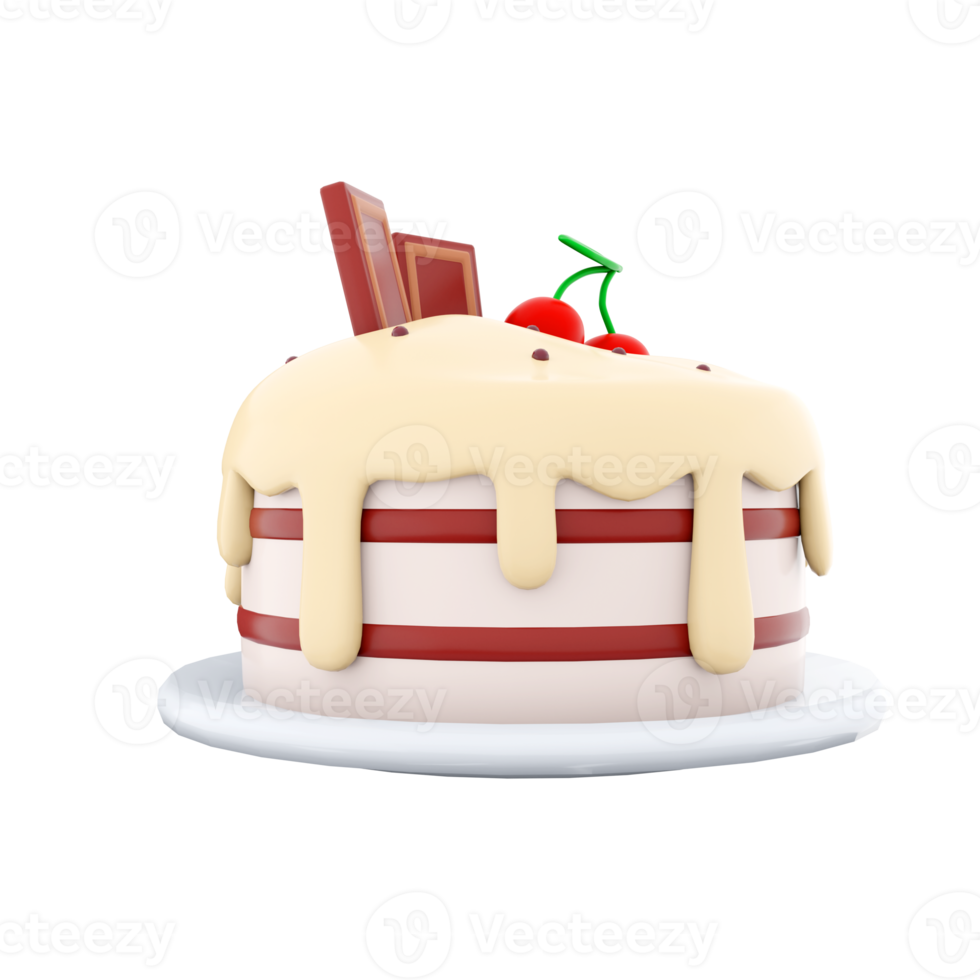 3d rendering cake with chocolate bar and cherries on top icon. 3d render sweet dessert with ripe cherries and sweet chocolate and cream icing. Cake with chocolate bar and cherries on top. png