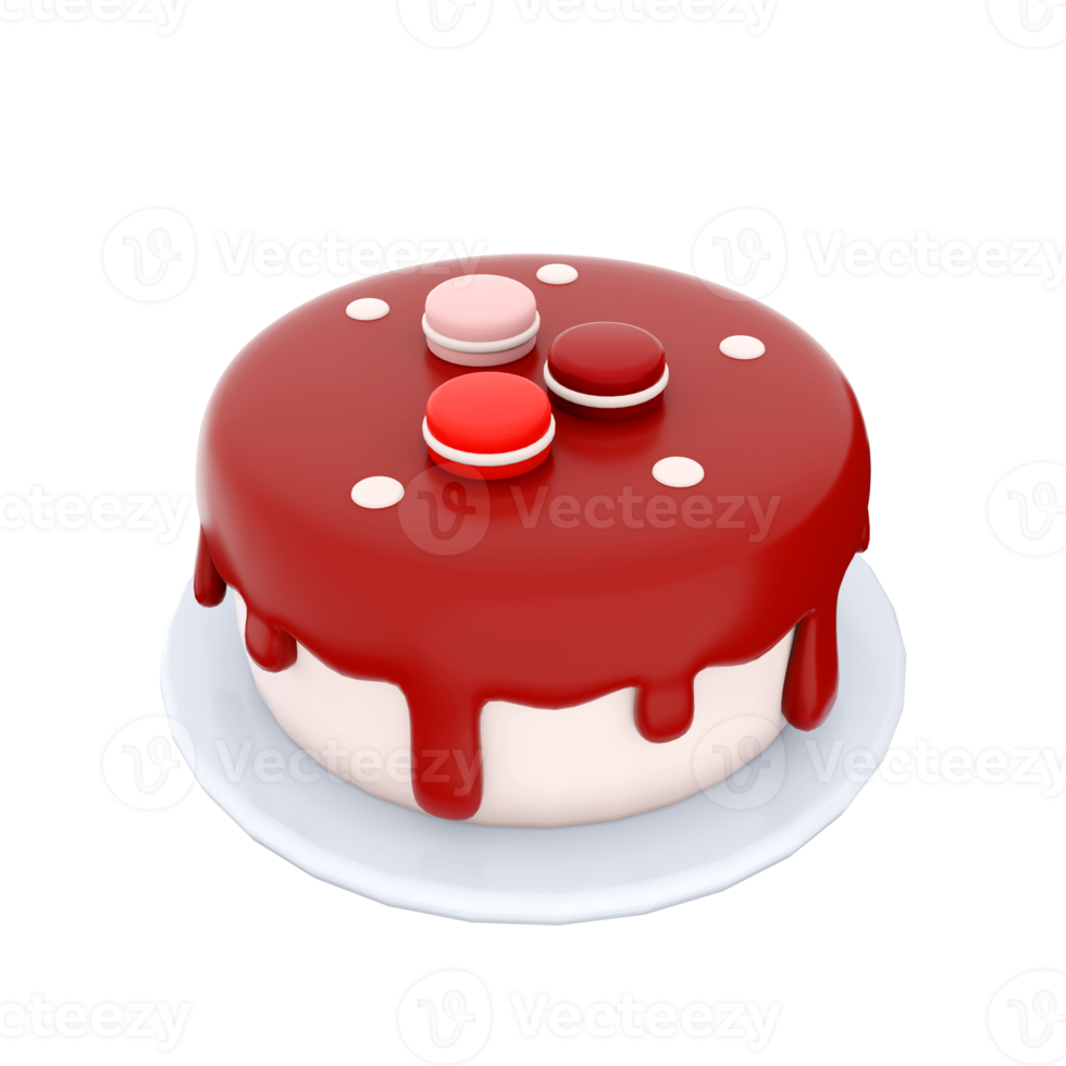 3d rendering cake with macarons on top icon. 3d render dessert with macarons and chocolate icing icon. Cake with macarons on top. png