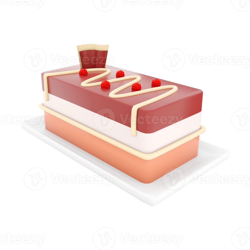 3d renderen kwarktaart met frambozen en chocola icoon. 3d geven drielaags zoet toetje met framboos vulling icoon. kwarktaart met frambozen en chocola. png