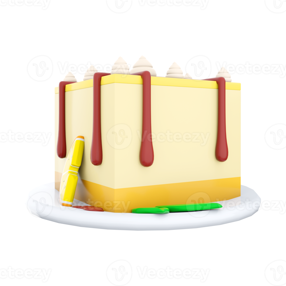 3d rendering lemon cheesecake icon. 3d render cheesecake with lemon slice and chocolate lines on top with cream icon. Lemon cheesecake. png